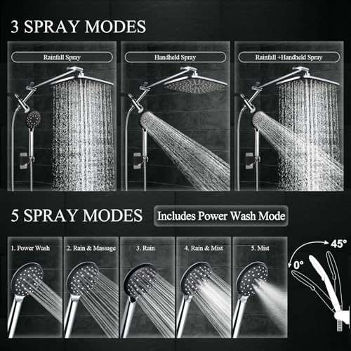 Image of Veken 14 inch Wide Rain Shower Head with Handheld, High Pressure Handheld Shower with Multi Spray Modes, Rainfall Combo with 15 inch Metal Extension Arm, Detachable Dual Shower, Bathroom Decor, Chrome Silver