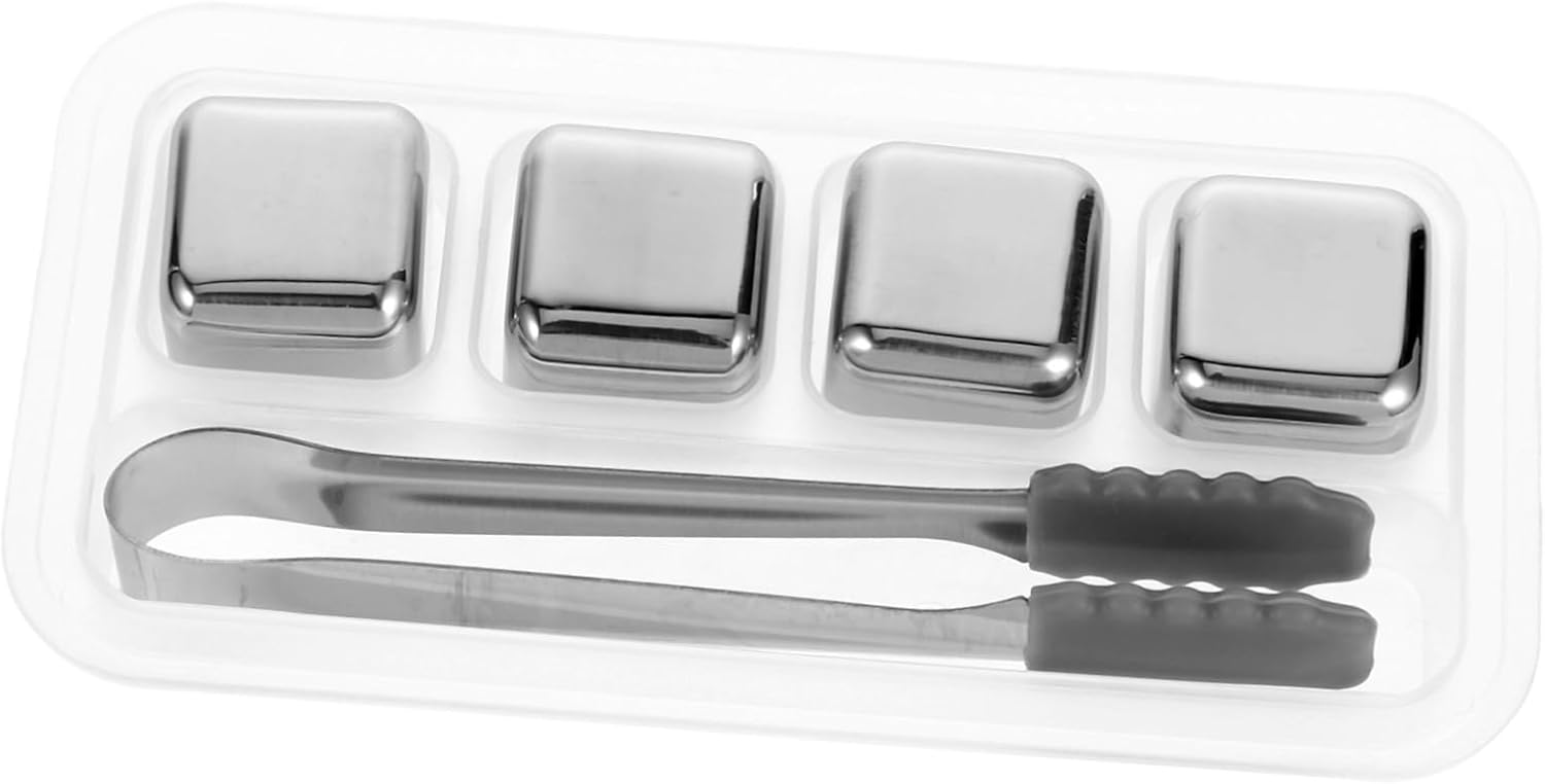 Mikinona 1 Set Stainless Steel Whiskey Ice Cubes Reusable Chilling Stones with Tong for Quick Cooling Drinks Easy Clean Versatile Use for Whiskey Cocktails Entertaining