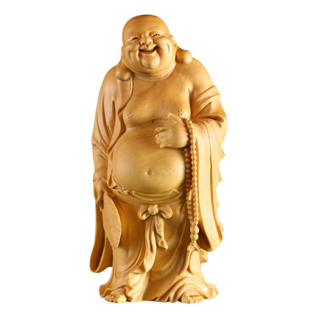 ZHIDAISHI Feng Shui Buddha StatueBoxwood Carved Maitreya Buddha Statue Ornaments Home Carvings Laughing Buddha Hand-held Ornaments