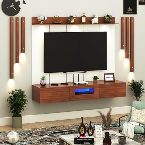 Image of Anikaa LucenPro Engineered Wood Wall Mount TV Unit with PVC Back Panel, Acrylic Blue LED Storage Box, Side Wooden Accent Spot Light Panels I Deal for Up to 50 Inch TV (Walnut - DIY Installation)