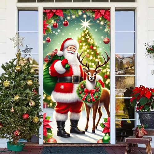 Image of BlissYard Christmas Door Banner Santa Reindeer 35x71 Inch Polyester