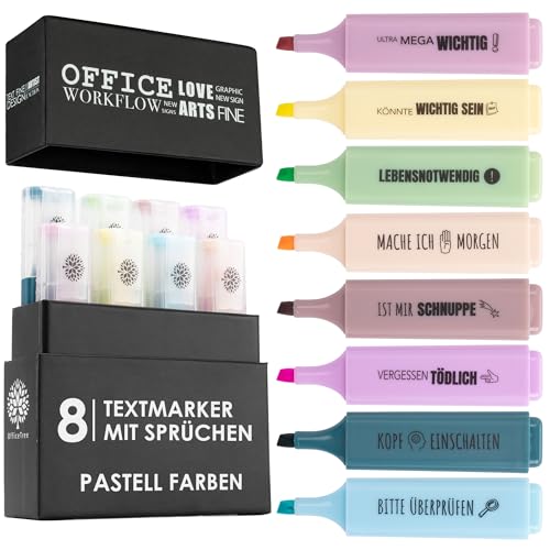 OfficeTree 8 subrayadores con frases – colores pastel – Incluye caja de almacenamiento – Marcador motivador y divertido para oficina universidad escuela – Subrayador divertido como idea de regalo –