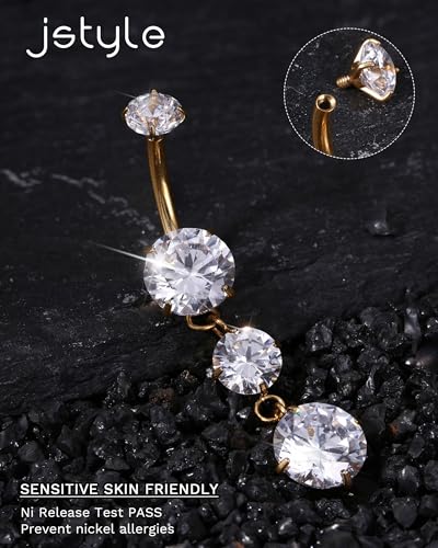 Jstyle G23 Titanium Dangle Belly Button Rings for Women 14G Internally Threaded Belly Ring Dangling Piercing Jewelry with Heart Butterfly CZ Hypoallergenic Navel Piercing Ring 14K Gold/Silver4