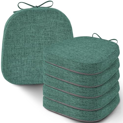 Image of AddGrace Set of 6 Chair Cushions for Metal Dining Chairs 14x14 Green | Non Slip,Washable Removable Cover with Ties, Textured, for Kitchen Dining Room Indoor, Hard Wooden Chairs, Family Gathering