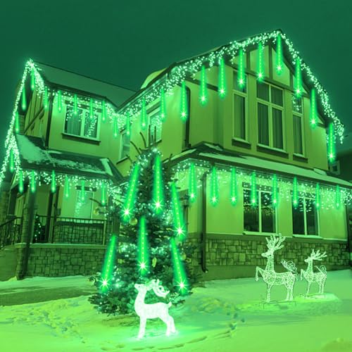 Weepong Halloween Lights Outdoor, Meteor Shower Christmas Lights for Halloween Decorations, 8 Tube 192 LED Snow Falling Rain Icicle String Light for Xmas Christmas Decor Tree Party, UL Plug Green - image 7