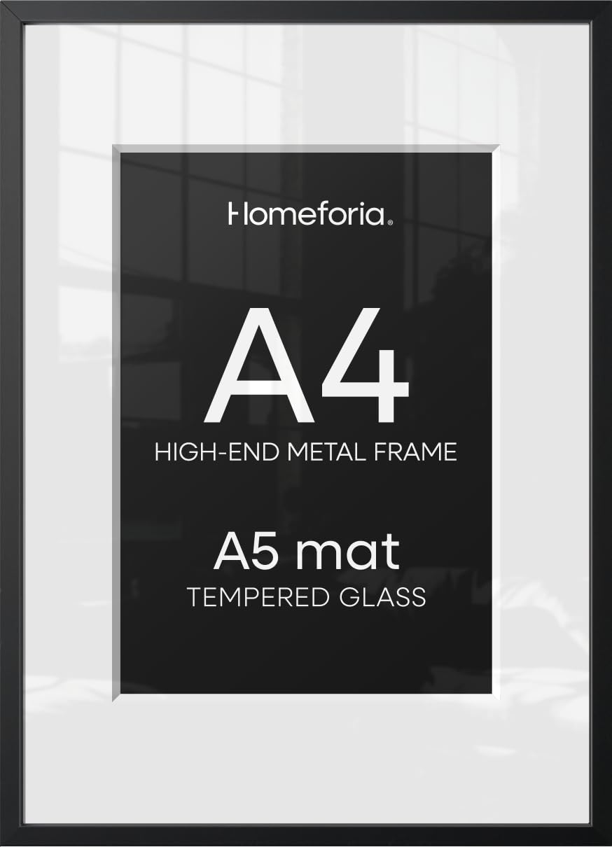 Homeforia A4 Black Picture Frame, High-End Metal, A5 Mat, Glass | High End Aluminum, Tempered Glass, Acid-Free A5 Removable Mat, A4 Edge-to-Edge Display, Wall Kit, Set Of 1