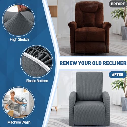 Image of YEMYHOM 3 Pieces Stretch Recliner Slipcover Jacquard Small Recliner Chair Cover with Side Pocket Anti-Slip Fitted Furniture Protector with Elastic Bottom (X-Small Recliner, Dark Gray)