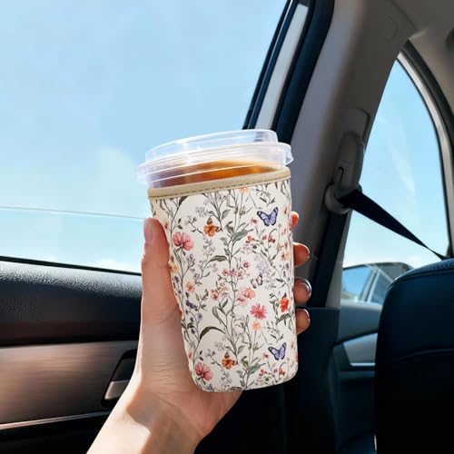 Image of Reusable Insulated Sleeve for Iced Coffee Cup, 3-Pack Coffee Neoprene Drink Sleeve for Cold & Hot Drinks, Beverage Holder for Iced Coffee (Floral Butterflies)