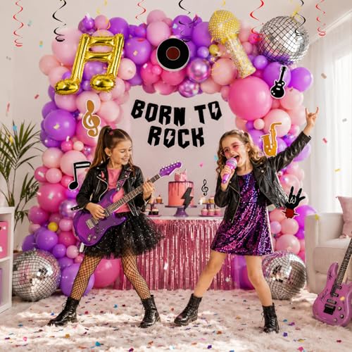 Image of Rock Theme Birthday Decoration Kit for Girls & Boys - 74 Pcs Born To Rock Banner with Music Note, Disco Ball & Microphone Foil Balloons, Pink Purple Balloon Garland Set for Birthday Decor