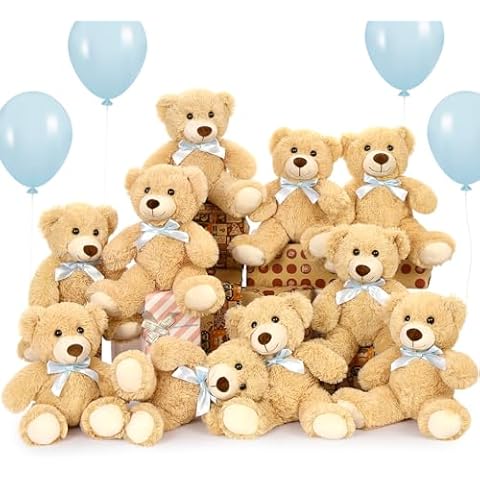 MorisMos Bulk Teddy Bear for Baby Shower,10-Pack Teddy Bear Stuffed Animals Bulk,14 in Teddy Bear with Baby Blue Bow,Soft Stuffed Bear Stuffed Animal Wholesale for Birthday Christmas Valentine's,Brown Cover