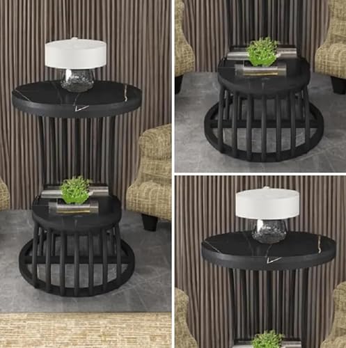 Image of Modern Marble Top Side Table with Metal Frame | Luxury End Table for Living Room, Nesting Coffee Table Bedroom & Lounge Decor (Black)