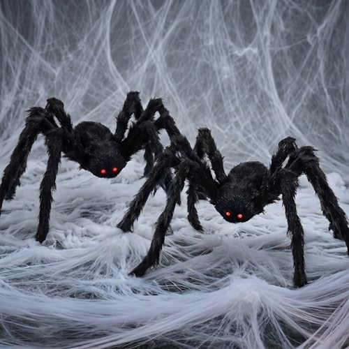 Supoice 2 Pack 5 Ft Halloween Giant Spider with 800 sqft Halloween Spider Web Black Soft Hairy Scary Realistic Spider for Halloween Outdoor Yard Party Decorations
