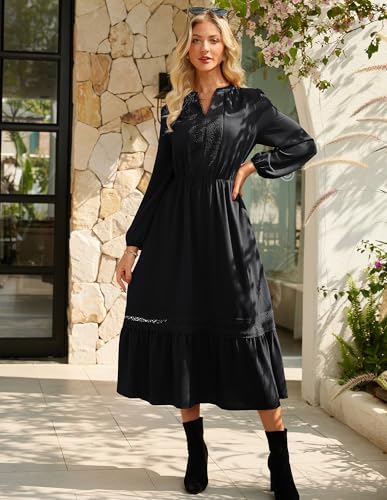 GRACE KARIN Womens Fall Dresses Lace V Neck Long Sleeve Tiered Flowy Maxi Dress Going Out Casual Dresses with Pockets4