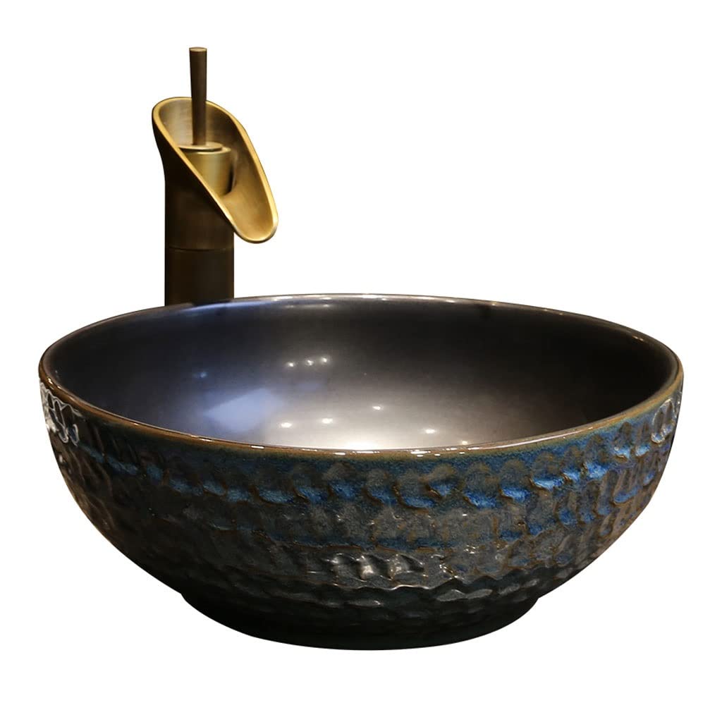 WOTZOV Bathoom Sink Bathroom Vessel Sink Round Ceramic Washbasin Home Art Countertop Basin Bathroom Utensil Sink With Faucet Bathroom Vessel Sinks,A-One Size