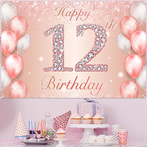Image of Happy 12th Birthday Rose Gold Banner Cheers to 12 Years Old Backdrop Confetti Balloons Theme Decor for Girls 12 Years Old Pink Birthday Party Decorations Bday Supplies Background Favors Gift Glitter