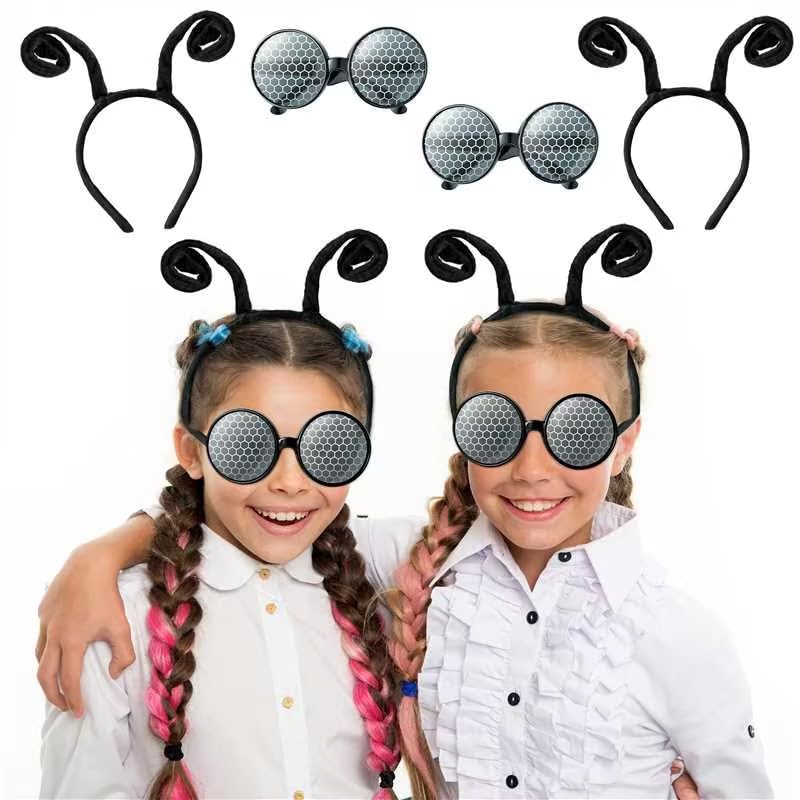 4PCS Fly Costume Bug Accessories Set Black Velvet Bug Antenna Headband with Glasses Insects Hairband Glasses Firefly Dragonfly Costume Accessories Bug Headband for Cosplay Party