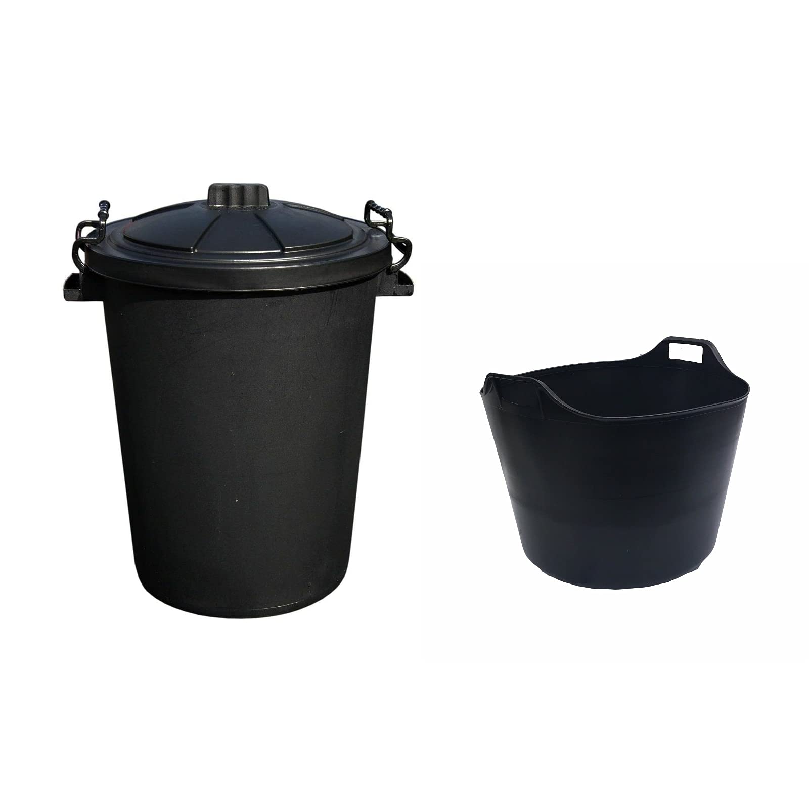 Set of 2- 75L Litre Large Flexi Tub Garden Home Flexible Plastic Bucket Flex Tub With 50L Litre Storage Bin Heavy Duty Plastic Clip Lock Lid Bin Indoor or Outdoor Rubbish, Waste of Animal Feed (Black)