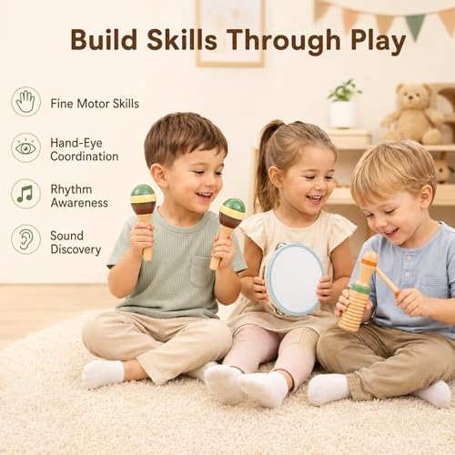 Wooden Musical Instruments, 12-Piece Montessori Percussion Set for Kids 3+ - image 4