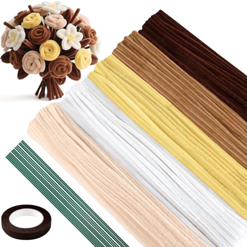 Image of ASTARON 521 Pcs 5 Colors Art Chenille Stems Pipe Cleaners Flower Making Kit | Brown Series Craft Pipe Cleaners,20 Floral Wires,Green Gardening Tape, Flowers Making Kit,Polyester Fluffy Pipe Cleaners Set
