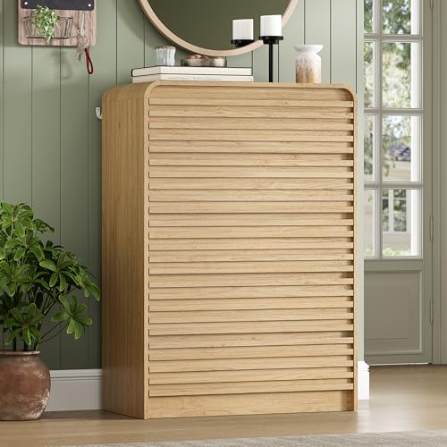 Image of 5 Drawer Dresser for Bedroom, 45 inch Tall Fluted Dresser with Curved Edge and Ergonomic Handleless, Large Wooden Clothes Storage Organizer, Modern Chest of Drawers for Closet, Living Room, Natural Wood