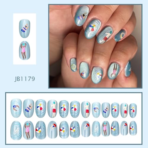 Image of Blue Press on Nails Medium Oval Fake Nails with Summer Swimming Pool Design Reusable Glossy Full Cover Glitter Stick on Nail for Women Manicure 24Pcs