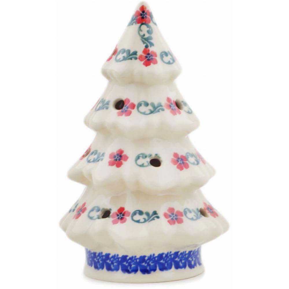Authentic Polish Pottery Christmas Tree Candle Holder in Red Flower Lattice Design Handmade in Boles?awiec Poland by Ceramika Dalia + Certificate of Authenticity