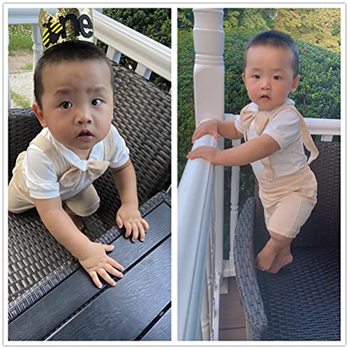 Bilison Baby Boy Clothes Gentleman Bowtie Romper And Overalls Suspenders Pants Wedding Tuxedo Outfits(Beige,0-6M) #TOP6