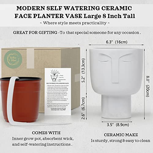 Ceramic 8 Inch Tall Head Planter Pot. Self Watering Face Planter Pot W Removable Inner Pot. White Face Vase Planter Head Flower Pot. Use As Head Vase Or Matte White Ceramic Planter. Large 6 Inch Wide #TOP2