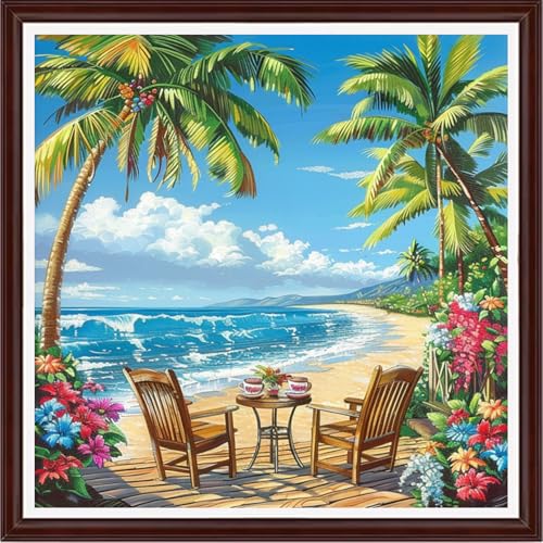 Image of Dooxvey Counted Cross Stitch Kits for Adults 11CT Printed Cross-Stitch Patterns Cross Stitching Embroidery Kit Stamped or Counted Needlepoint Kits-Drinking Tea Under Coconut Trees on Beach 18x18 inch