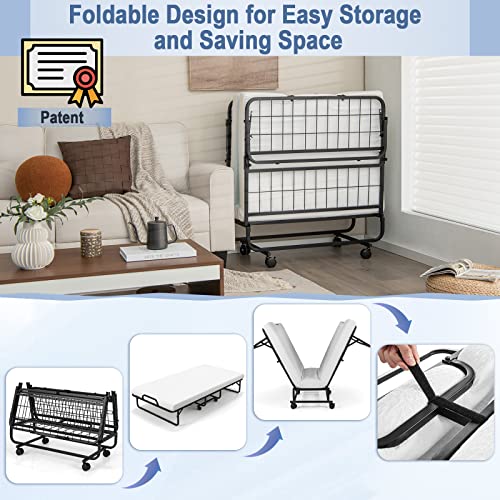 Giantex Metal Folding Bed with Mattress, Rollaway Guest Beds w/Super Sturdy Metal Frame and 4" Foam Mattress for Adults, Easy Storage, Portable Bed on Wheels for Office Room Living Room- Twin Size