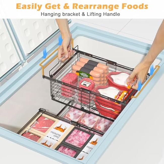 NADAMOO Hanging Chest Freezer Organizer Bins, 2 Pack Large Expandable Freezer Baskets for Chest Freezer, Metal Adjustable Storage Containers for Deep Freezer - Black