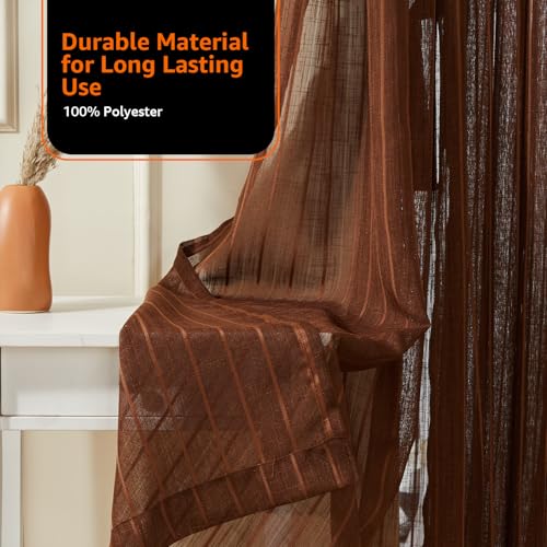 Image of Amazon Basics - Stripe Textured Sheer Door Curtains | Light Filtering | 7 Feet | Set of 2 | Striped Design | for Living Room, Bedroom & Balcony | 210cm x 115cm, Color - Coffee