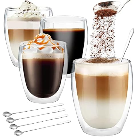 AOTWAN Latte Macchiato Glasses Double-Walled Cappuccino Glasses, 4 x 350 ml + 4 x Spoons Latte Macchiato Glasses Double-Walled Coffee Glasses Thermal Glasses Double-Walled Espresso Cups Glass Cover
