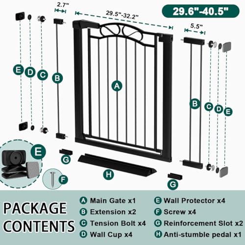 Image of Fairy Baby 29.5 inch-40.5 inch Extra Wide Baby Gate, Pressure Mount Long Dog Gates for House Stairs Doorways, Auto Close Metal Safety Child Gate with Door No Drilling, Tension Pet Gate Indoor, Black