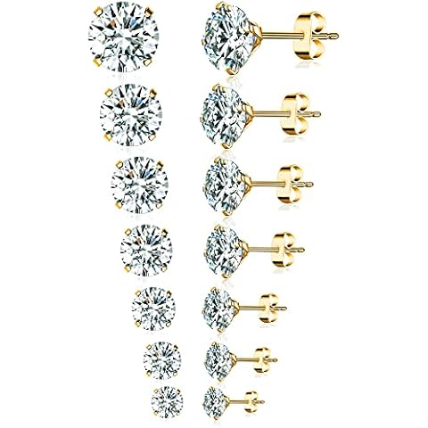Tornito 7 Pairs 20G Stainless Steel Stud Earrings Round Cubic Zirconia Barbell Earring Set For Men Women 2MM-8MM Rose Gold Tone, Cubic Zirconia Cover