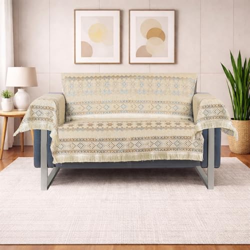 Image of Elegant Woven Beige Sofa Cover - Soft Chenille Traditional Pattern with Lace Style | L-Shape Sectional Seat Protector for Living Room | Durable & Stylish Slipcover 2 Seater with Arms