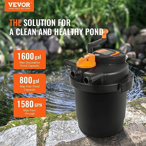 Image of VEVOR Bio Pressure Pond Filter, Up to 1600 Gallons, with 13W UV-C Light, 1580 GPH, Pressurized Biological Pond Filter System Filtration Equipment for Fountain Pool, Koi Fish Aquarium Tank Garden Water