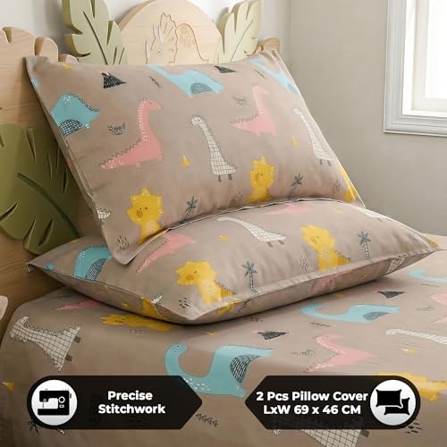 Image of Story@Home Kids Dinosaur Theme Double Bed Bedsheet Set 225x250 cm with 2 Pillow Covers | 180 TC Cotton Feel Fabric | Dino Brown T-Rex & Dino Print | Soft, Durable & Skin Friendly