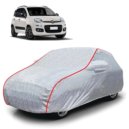 Image of Sulfar 100% Waterproof Car Body Cover Compatible with Mirror for Fiat Panda (Triple Stitched, Full Bottom Elastic, Magic Silver with Red Piping)
