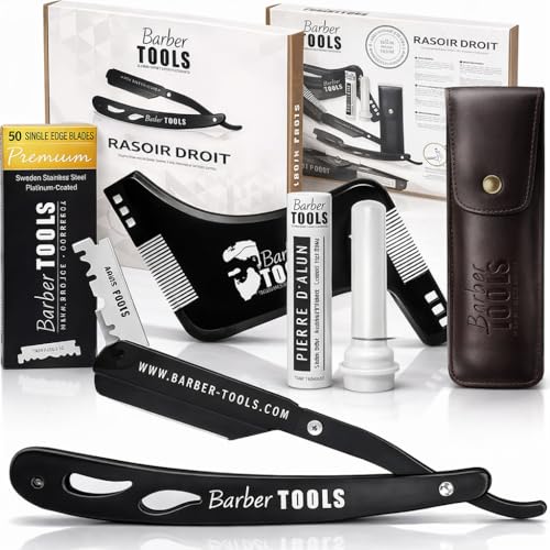 Herren Rasier-Set - Männer Rasiermesser/Barbiermesser - mit 50 Einzelklingen + Tuch + Alaunstift + Aufbewahrungsetui + Kammführung für Rasur -SCHWARZ- BARBER TOOLS