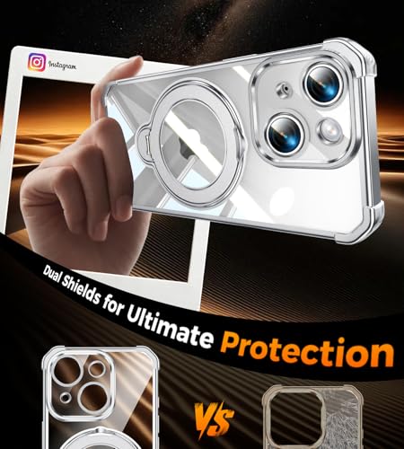 Image of Soft Case for iPhone 15 with 360 Rotating Magnetic Stand, Compatible with Mag-Safe, 4X MIL-Drop Protection, Lightweight Glossy Anti-Yellowing Clear Back Phone Cover for iPhone 15 6.1 inch, Silver