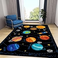 LHOMKCV Space Themed Area Rug, 60x110cm, Fun Spaceship Rocket Galaxy Solar System Pattern Play Mat, Stain Resistant Reduce Noise Breathable Kids Educational Rugs for Bedroom Kitchen