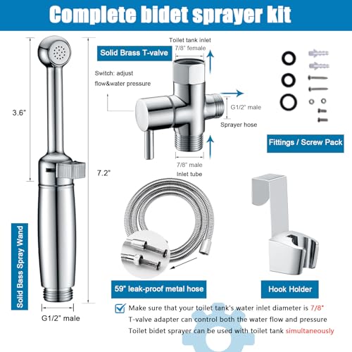 SonTiy Handheld Bidet Sprayer for Toilet, Cloth Diaper Sprayer Set Hand Held Bidet Jet Spray for Toilet with Backflow Preventer, Adjustable Water Pressure Control, Brass 7.2" Hand Bidet Wand, Chrome - Thumbnail 6