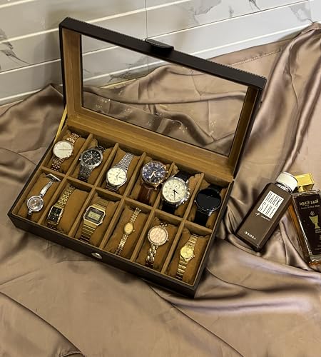 Image of Leather World Faux Leather Watch Box Organizer For Men & Women - Wrist Watch Box Holder 12 Slots - Removable Pillows Display Case - Gift for Loved Ones - Brown
