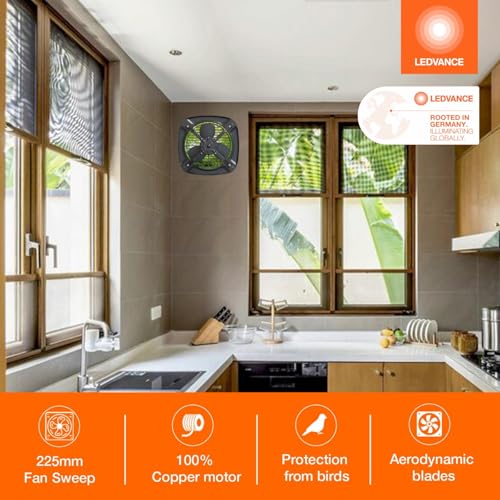 Image of LEDVANCE Metal Exhaust Fan 225mm (9 Inch) 100% Copper Motor| for Kitchen Bathroom & Washroom| High Speed Air Suction| Rust Proof Metal Body & Blades| Low Power Consumption| 2 Year Warranty