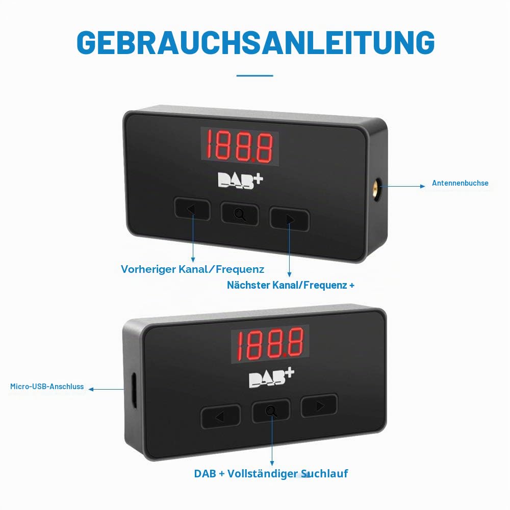 EZoneTronics Externer DAB/DAB+ Adapter für Autoradio, Digitalradio-Empfänger + AUX-Kabel mit DAB-Antenne, FM-Transmitter-Tuner Box für Universal- Autoradio und Android-Autoradio-Stereo