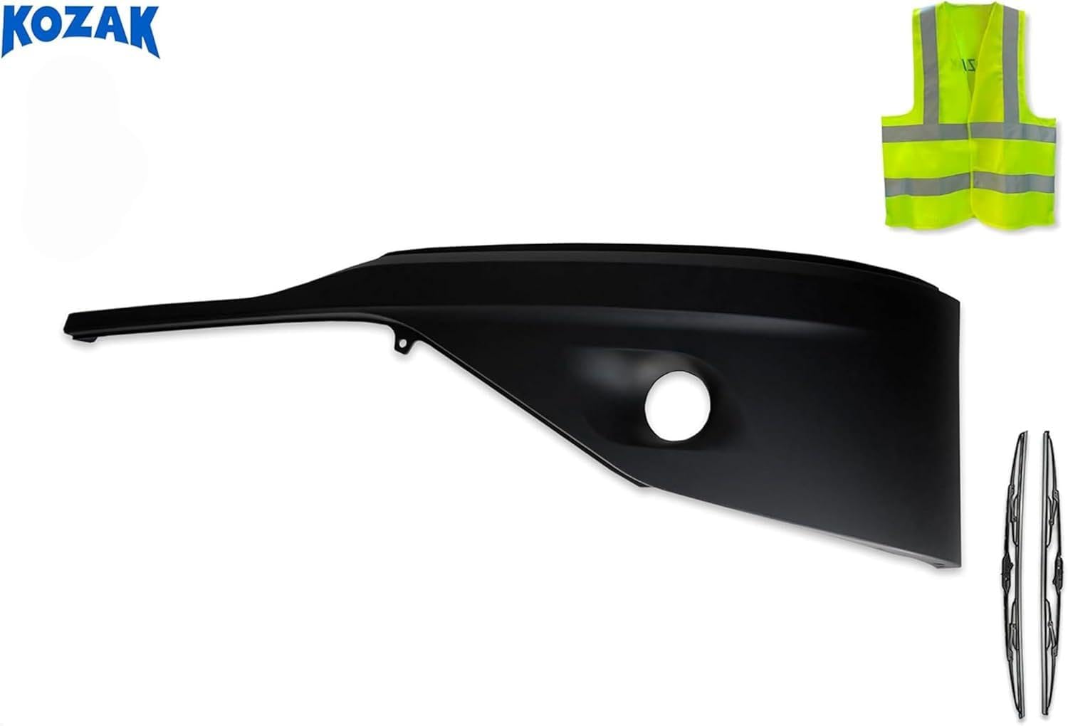 Kozak Black Plastic BUMPER COVER PAINT with FOG LAMP HOLE (Driver Left Side) Compatible with Kenworth T680 Next Gen 2022 2023+ PLUS Logo, 2x22" Windshield Wipers and KOZAK Vest