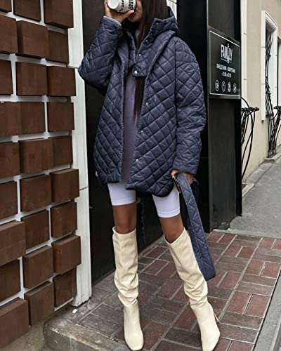 Btfbm Women Button Down Quilted Jacket Coat 2023 Fall Winter Fashion Belt Pockets Removable Padded Hood Puffer Outerwear(Solid Navy, Medium) #TOP4