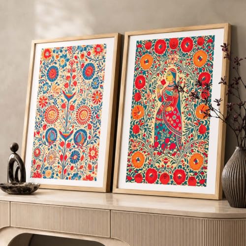 Image of kotart Premium Madhubani Folk Art Wall Art Set of 2 | Traditional Indian Woman & Floral Pattern Painting | MDF Wooden Framed Home Decor (3, 14x20 Inch)