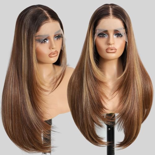 Sheshakewave Highlight Brown Mix Blonde 13x4 Synthetic Lace Front Wigs Pre Plucked 26 Inch Long Layered Straight Wigs 100% Futura Fiber Wigs For Women Ready to Wear Wig With Bangs Daily Party Use